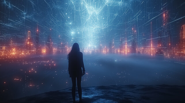 A person standing in the Meta verse, illustration of huge city on meta verse, blue background, virtual reality and blockchain