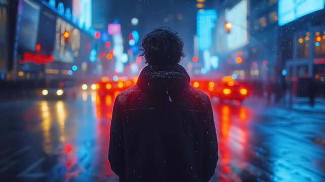 Man standing in the middle of the street, image of his back view, evening lights, blurred background, colored image, city traffic and car lights.