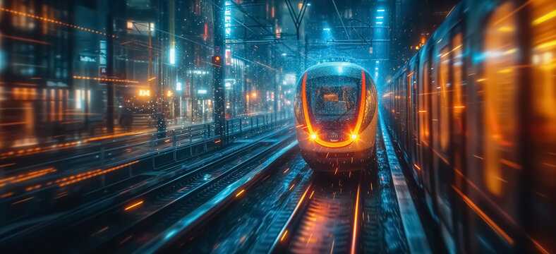 Long exposure of speeding modern train in the railway station of huge city, light trails and blurred lights speed train blur background.