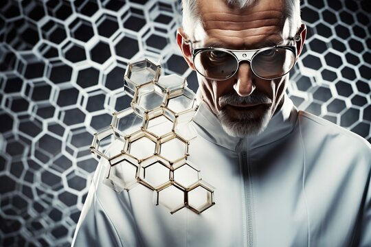  Intense scientist with molecular structure backdrop.