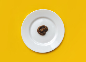 Plastic cat excrement lies on a white plate close-up on a yellow tablecloth. Concept of inept cook,...