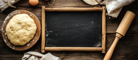 Prepared yeast dough, rolling pin, and a blackboard. - Powered by Adobe