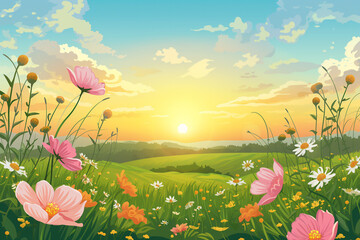 Fototapeta na wymiar Cartoon meadow spring country meadow landscape background of a springtime green pasture field with a blue summer sky and fluffy summertime clouds, stock illustration image