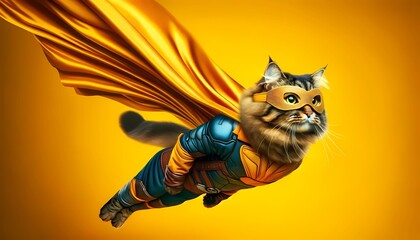 Superhero cat on yellow background