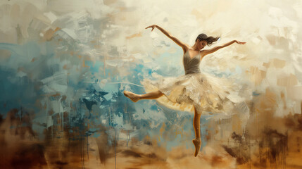 Abstract vintage distressed watercolour painting of a female ballerina dancer wearing a delicate ballet dress while dancing at stage performance, stock illustration image