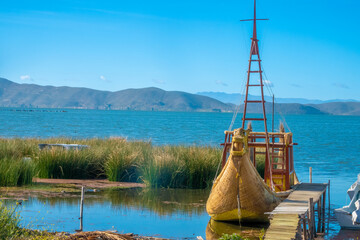 Traditional totora reed boats on Lake Titicaca, Bolivia. They are still built and used across the...