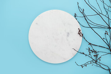 Marble podium with branch on blue background