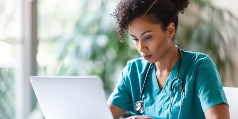 Focused Nurse In Scrubs Examines Medical Records On Laptop. Сoncept Diligent Nurse, Scrubs And Stethoscope, Medical Records, Laptop Exam, Focused Healthcare Professional