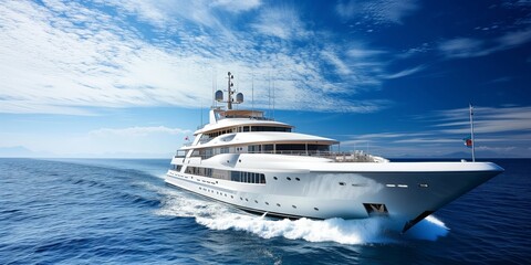 Grand, Lavish Yacht Cruises The Open Waters, Epitomizing Opulence And Affluence. Сoncept Luxury Travel, Exclusive Yacht Experience, Extravagant Cruise, Opulent Vacation