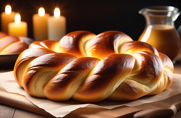 Challah, braided bread with candles on a wooden board, Jewish holiday food, Hanukkah. Sabbath kiddush ceremony composition. - obrazy, fototapety, plakaty