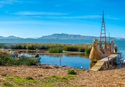 Traditional totora reed boats on Lake Titicaca, Bolivia. They are still built and used across the lake