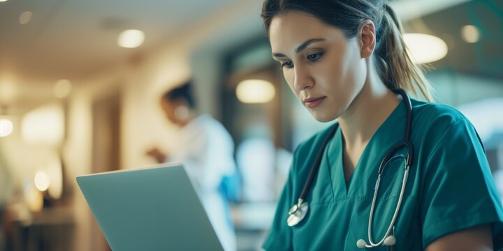 Focused Nurse In Scrubs Examines Medical Records On Laptop. Сoncept Nurse In Scrubs, Medical Records, Laptop, Focused Examination