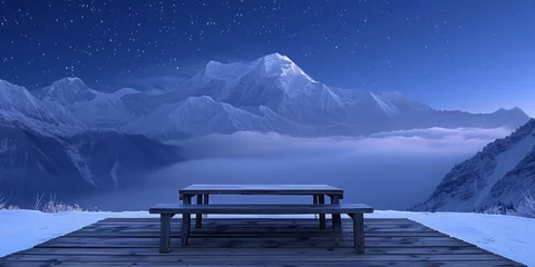 Fotobehang Serene Wooden Deck Table With Snowy Mountain Backdrop At Night. Сoncept Cozy Winter Cabin, Rustic Dinner Setting, Mountain Views, Nighttime Ambiance © Anastasiia