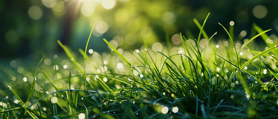 Early morning light catches the dew drops on lush green grass, creating a tranquil and refreshing scene