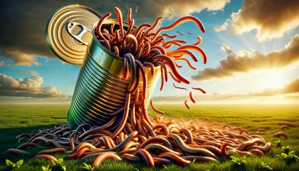 Fotobehang Opening a Can of Worms - tin can spilling out tangle of worms onto a lush field with dramatic sunset in the background © unicusx