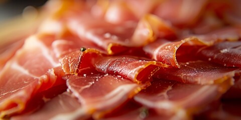 Closeup Of Sliced Jamon With Blurred Background, Highlighting Its Texture. Сoncept Food Photography, Jamon Slicing, Texture Highlight, Blurred Background, Closeup Shot