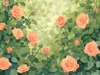 Idyllic Blossoming Garden: Soft Pink to Peach Roses in Bloom with Lush Greenery, Concept of Natural Beauty, Growth & Romantic Backdrops - Ethereal Sunlit Floral Scene