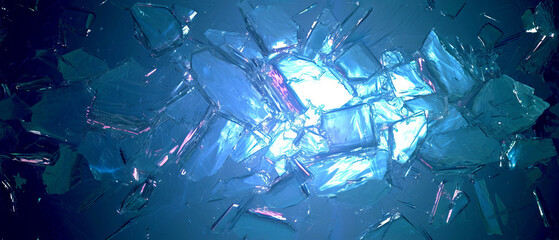 Abstract background of broken glass pieces with a spectrum of blue and purple hues reflecting light