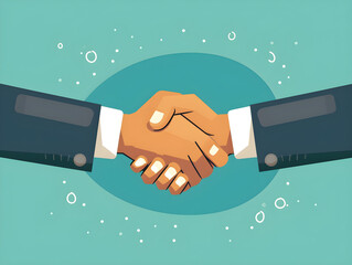 Professional Handshake Illustration: Formal Business Agreement Concept - Dark Blue Suit, Trust in Corporate Partnership, Welcoming Greeting with Bokeh Bubbles on Teal Background - obrazy, fototapety, plakaty