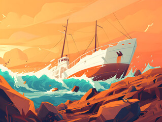 Obraz premium Dramatic Shipwreck Illustration at Sunrise/Sunset with Warm Orange, Yellow, and Red Tones, Large Grounded Vessel on Rocks - Concept of Disaster and Survival