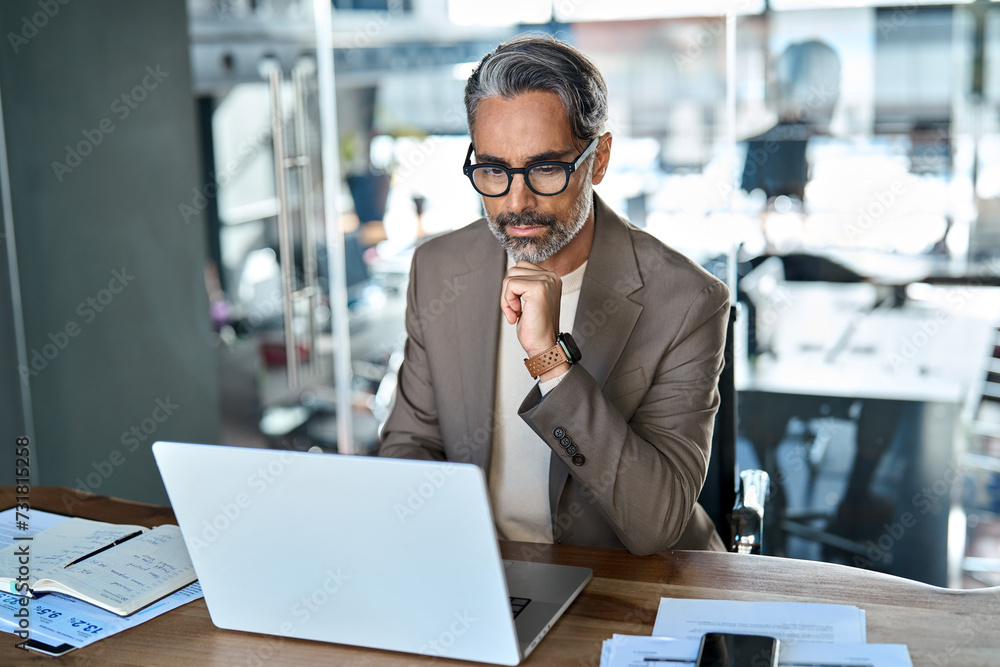 Wall mural Serious busy middle aged professional business man executive sitting at desk using laptop. Busy mature businessman manager investor working on computer thinking analyzing financial data in office.