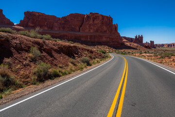 The road in the Arches national park in Utah USA.