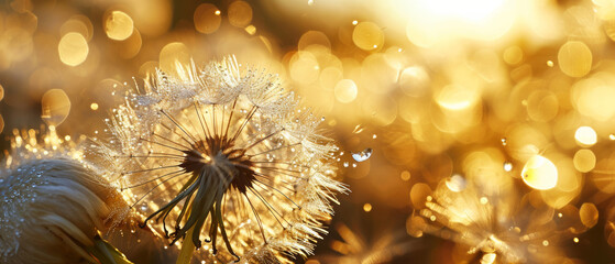 Glistening dew on dandelion seeds against a magical backdrop of golden bokeh
