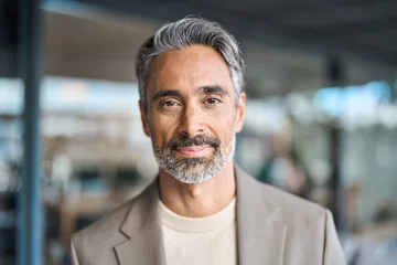 Fotobehang Close up headshot portrait of happy middle aged older professional business man, smiling bearded mature executive ceo manager, older male entrepreneur, rich confident business owner in office. © insta_photos