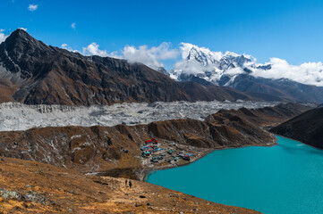 View of Village and Lake Gokyo, snow capped Cholatse, Taboche, Cholatse, Lhotse, Nuptse, Everest, Pumori of the Himalayas and Ngozumpa Glacier. View from Gokyo Ri, Solukhumbu, Sagarmatha, Nepal.