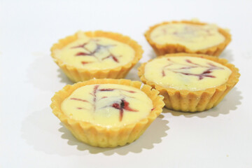 Cheese tart, Cheese tart on white background, Food photography concept.
