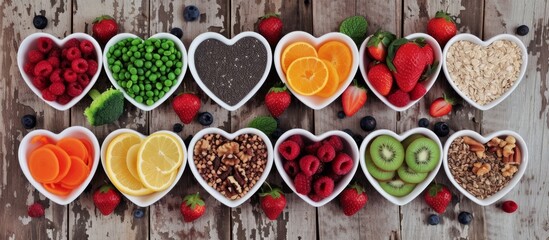 Nourishing collection of healthy foods in heart-shaped bowls over wooden background. Rich in antioxidants, anthocyanins, omega 3, protein, vitamins, and minerals.