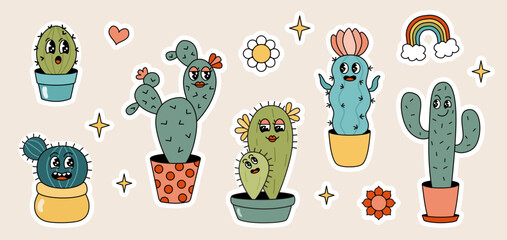 Sticker set of cute groovy cactus cartoon characters trendy retro style. Houseplants character with funny faces. © AnaRisyet