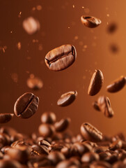 coffee beans floating / falling on a plain brown background, cafe cinematic wallpaper 