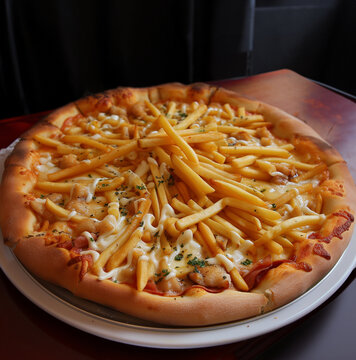 French fries pizza with mozzarella, fast food wallpaper