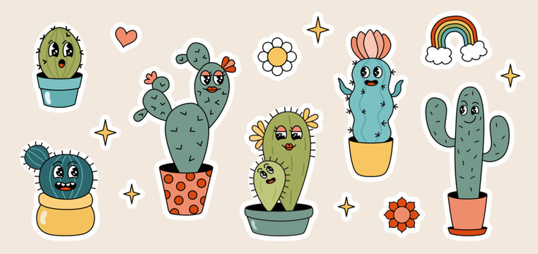Sticker set of cute groovy cactus cartoon characters trendy retro style. Houseplants character with funny faces.