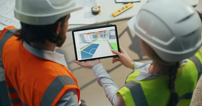 Technical Inspector and Construction Manager Using a 3D Virtual Reality Tour Software with Building's Interior. Female Specialist Using Tablet Computer to Oversee the Project at a Construction Site