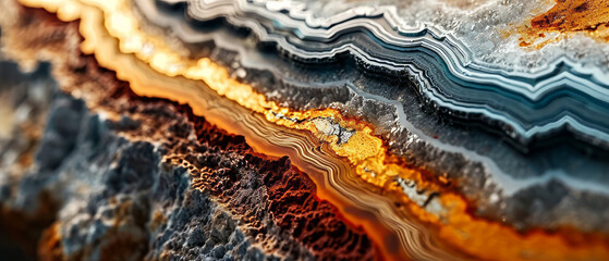 The intricate layers of an agate stone with striking color contrasts