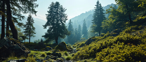 Sunlight bathes a forest trail with mountain peaks above - Powered by Adobe