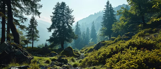 Foto op Plexiglas Sunlight bathes a forest trail with mountain peaks above © Lidok_L