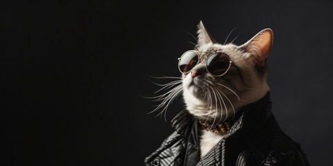 Cool Looking Cat In Fashionable Clothes On Black With Copy Of The Space. Сoncept Cats In Fashionable Clothes, Cool Cat Fashion, Space-Themed Cat Photoshoot, Black Background With Copy Space