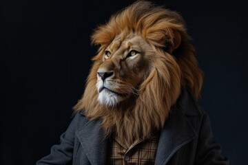 Cool Looking Lion In Fashionable Clothes On Black With Copy Of The Space. Сoncept Evolution Of Fashion, Astral Lion, Fashion In Space, Majestic Beast, Cosmic Couture