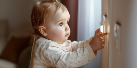 Curious Baby Girl Explores An Electric Light Switch, Highlighting Potential Hazards. Сoncept Electrical Safety, Baby Proofing, Hazards At Home, Childproofing Tips