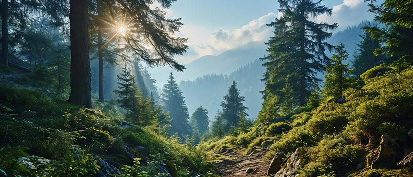 Sunlight filters through the pines on a serene forest path