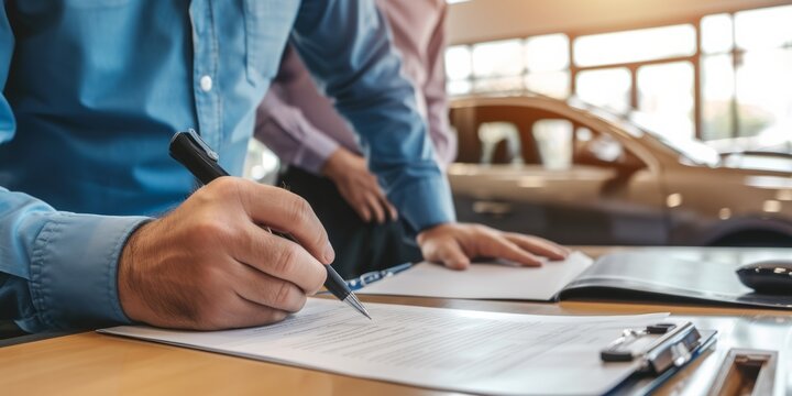 Customer Finalizes Car Deal, Signing Contract At Authorized Showroom For New Vehicle. Сoncept Car Deal Finalized, Signing Contract, Authorized Showroom, New Vehicle, Customer Satisfaction