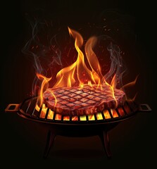 succulent piece of steak cooks to perfection, surrounded by intense flames, on a round charcoal grill, isolated on a dark backdrop with embers and smoke rising.