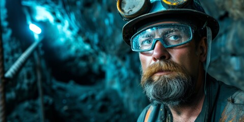Obraz premium Dirtyfaced Miner Wearing Helmet And Goggles Working In An Underground Mine. Сoncept Underground Mining, Dirty-Faced Miner, Safety Gear, Helmet And Goggles, Hard Work