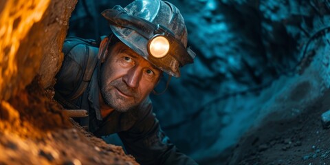 Dirtyfaced Miner Wearing Helmet And Goggles Working In An Underground Mine. Сoncept Underground Mining, Dirty-Faced Miner, Safety Gear, Hardworking, Dangerous Environment