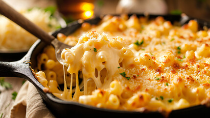 close up of a cheesy mac and cheese with a cheese pull
