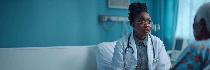 Focused female African American doctor in a white coat talking to a patient in a hospital room with space for text on the left - Powered by Adobe