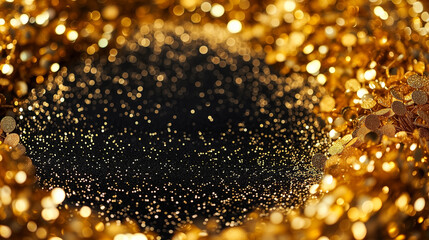 Golden glitter background with sparkling bokeh lights, ideal for holiday celebrations, with ample copyspace for text